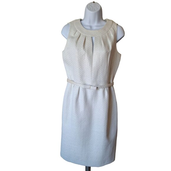 Tahari Womens Elegant Sheath Dress S White Sleeveless Belted Textured Minimalist - Picture 1 of 5